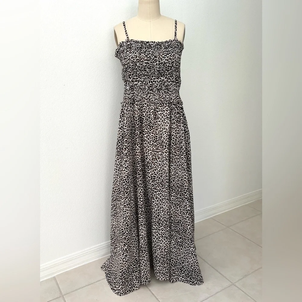 J Crew Smocked Maxi Dress NWT Cotton Voile Black Brown Leopard Print XL